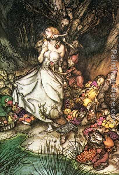 Goblin Market White and golden Lizzie stood painting - Arthur Rackham Goblin Market White and golden Lizzie stood art painting